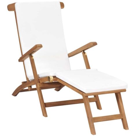 Chaise longue avec coussin, Transat, Bain de soleil, Chaise de plage Blanc crème Bois de teck solide ZSE8218 (1/5)