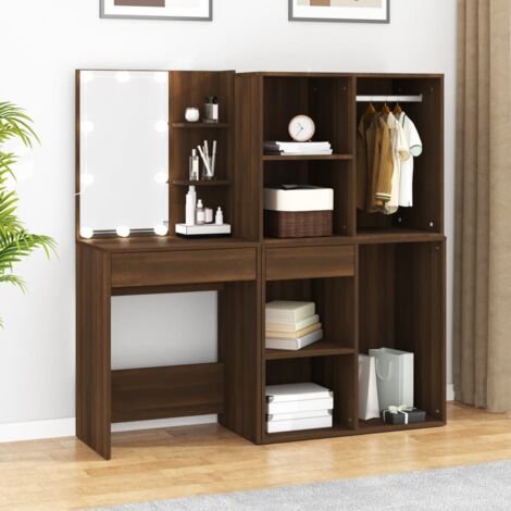 Coiffeuse à LED avec armoires, Table de maquillage, Meuble coiffeuse Chêne marron Bois d'ingénierie RDS8193 (1/5)