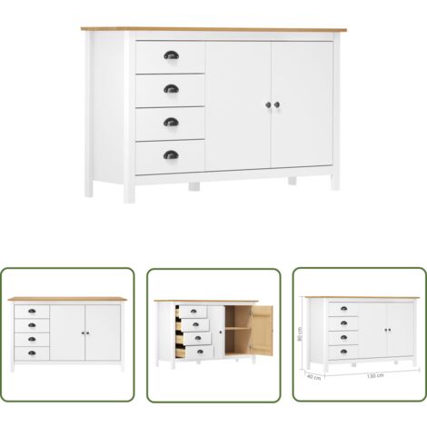 The Living Store Buffet Hill Blanc 130x40x80 cm Bois de pin solide - Buffet En Bois - Meuble De Rangement - Commode - Armoire Blanche - Mobilier Moderne (1/4)