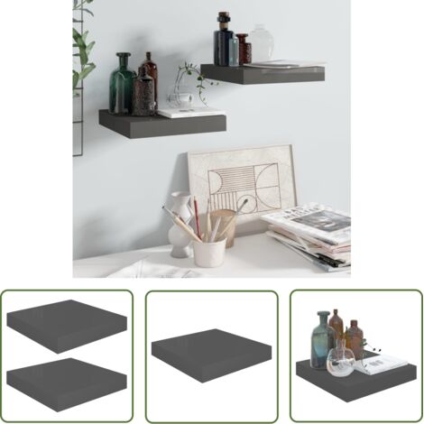 The Living Store Étagère murale flottante 2 pcs Gris brillant 23x23,5x3,8 cm MDF - Étagère Murale - Étagère Flottante - Décoration Murale - Rangement Mural - Meuble Décoratif (1/5)