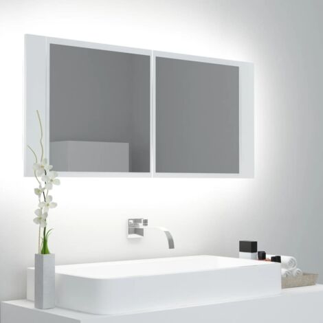 Armoire de salle de bain à miroir LED, Meuble de Rangement, Placard de Rangement Toilettes Blanc 100x12x45 cm Acrylique MJU30280 (1/5)