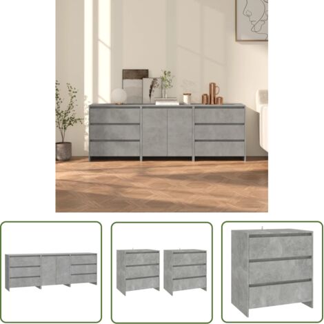 The Living Store Buffets 3 pcs Gris béton Bois d'ingénierie - Buffet Gris - Meuble Rangement - Buffet Cuisine - Commode - Mobilier Salon (1/5)