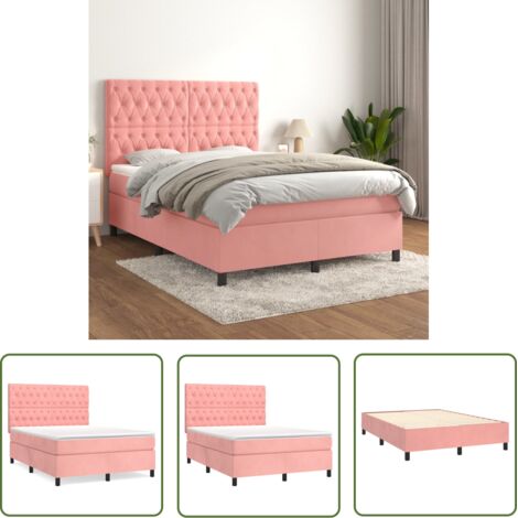 The Living Store Sommier à lattes de lit avec matelas Rose 140x190 cm Velours - Lit Plateforme - Lit Double - Lit Velours - Lit Design - Literie (1/5)