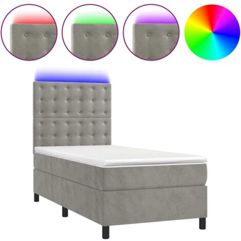 Sommier tapissier matelas et LED, Lit Adulte, Lit simple Gris clair 100x200 cm Velours BVM36539 BonneVie (1/5)