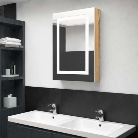 Armoire de salle de bain à miroir LED, Meuble de Rangement, Placard de Rangement Toilettes Blanc et chêne 50x13x70cm MJU63941 (1/5)