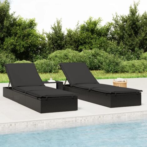 Transat avec table, Chaise longue, Bain de soleil noir résine tressée ZSE4627