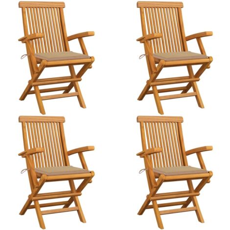 4 pcs Chaises de jardin avec coussins, Fauteuils Extérieur, Sièges confortable beige Bois de teck massif BGT76320 (1/5)