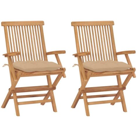 Chaises de jardin avec coussins beige lot de 2 Bois teck massif (1/5)