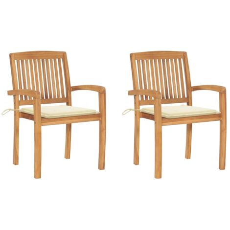 2 pcs Chaises de jardin, Chaises de terrasse, Fauteuils de Relaxationn avec coussins crème Bois de teck massif BGT40086 (1/5)