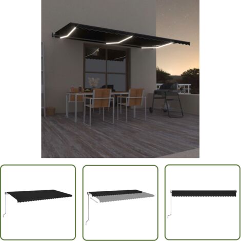 The Living Store Auvent automatique capteur de vent et LED 600x350 cm Anthracite - Auvent Pliable - Auvent Extérieur - Stores Exterieurs - Parasol - Abri Solaire (1/5)