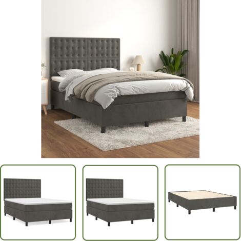 Lit à sommier tapissier et matelas, Lit double, Lit adulte Gris foncé 140x200cm Velours GSW56996 (1/5)