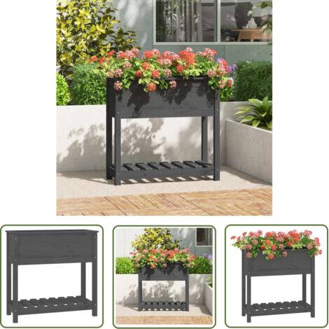 The Living Store Jardinière avec étagère Gris 82,5x34,5x81 cm Bois massif de pin - Jardinier - Pot De Fleurs Extérieur - Jardinière Bois - Jardinière Surélevée - Rangement Jardin (1/5)