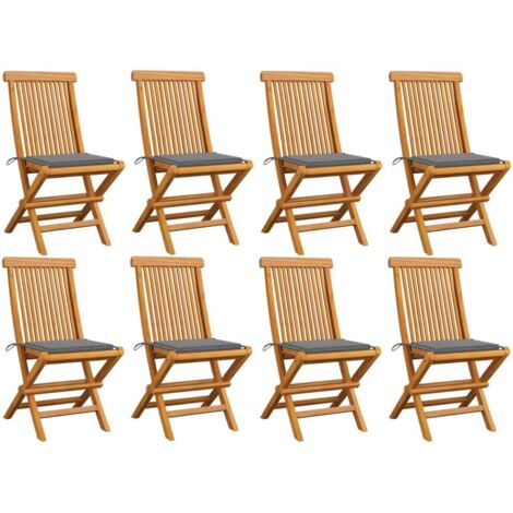 Chaises de jardin avec coussins gris 8 pcs, Fauteuils Extérieur, Sièges confortable gris Bois de teck massif BGT89695 (1/5)