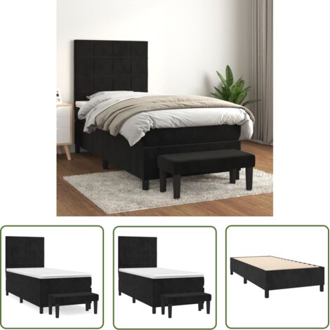 The Living Store Sommier à lattes de lit avec matelas Noir 90x190 cm Velours - Lit Plateforme - Lit Velours - Lit Double - Literie - Meuble Chambre (1/5)