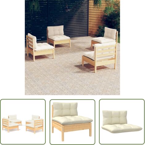 INLIFE Salon de jardin 4 pcs avec coussins crème Bois de pin (1/5)