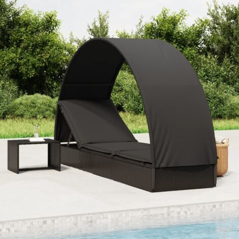 Chaise longue Fauteuil de jardin relax Bain de jardin avec toit rond noir 211x57x140 cm résine tressée GF53530 (1/5)