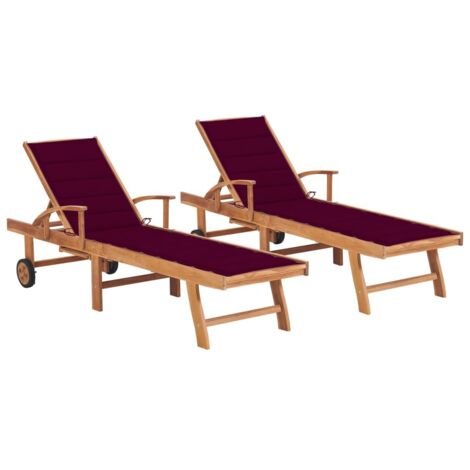 Chaises longues 2 pcs,Transat relax,Fauteuil de jardin Moderne avec coussin rouge bordeaux Teck solide GF35796 (1/5)