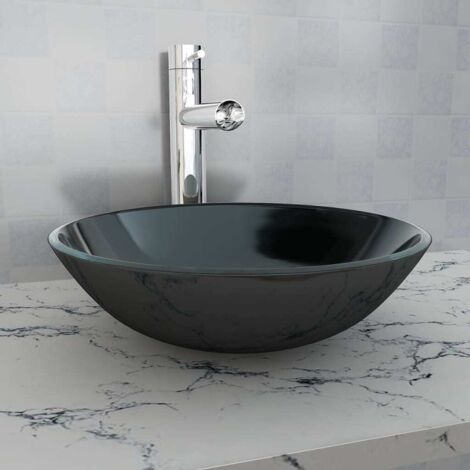 Vasque à poser, Lavabo de salle de bain, Bac à laver Verre trempé 42 cm Noir IKJ98245 (1/4)