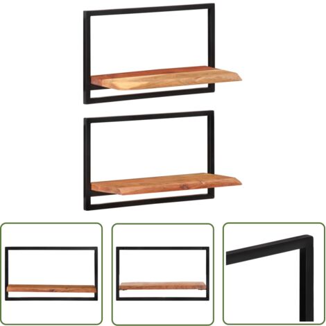The Living Store Étagères murales 2 pcs 60x25x35 cm Bois d'acacia et acier - Étagères Murales - Étagères En Bois - Étagères Design - Rangement Mural - Décoration Murale (1/5)