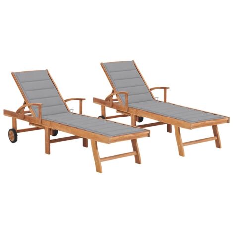 Chaises longues 2 pcs,Transat relax,Fauteuil de jardin Moderne avec coussin gris Bois de teck solide GF82289 (1/5)