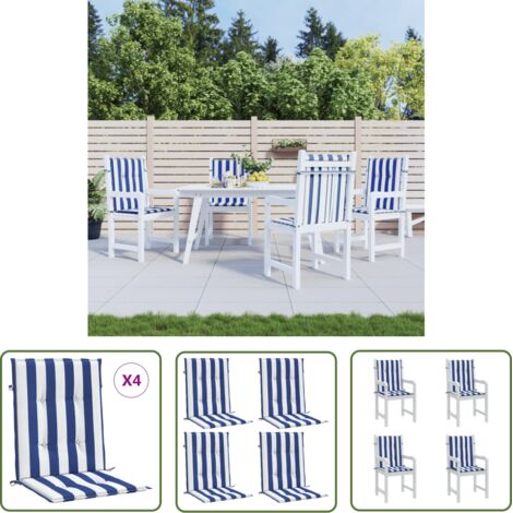 The Living Store Coussins de chaise à dossier bas lot de 4 rayures bleu et blanc - Coussins De Chaise - Coussins Exterieur - Coussin Décoratif - Cushions Patio - Coussin Confortable (1/5)