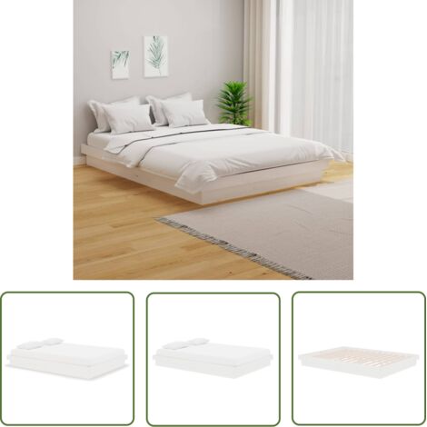 The Living Store Cadre de lit sans matelas blanc bois massif - Cadre De Lit - Lit Double - Lit En Bois - Bois Massif - Style Rustique (1/5)