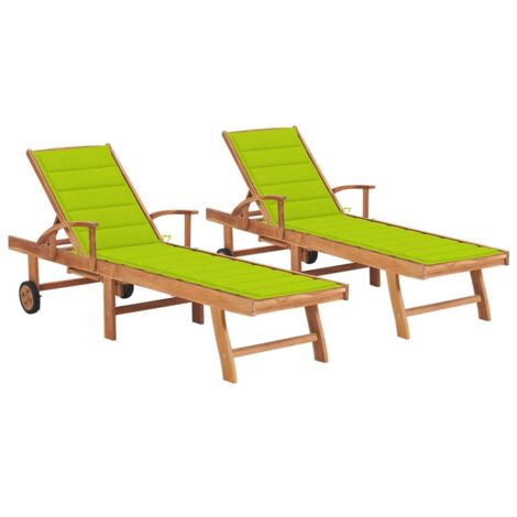 Chaises longues 2 pcs,Transat relax,Fauteuil de jardin Moderne avec coussin vert vif Bois de teck solide GF54690 (1/5)