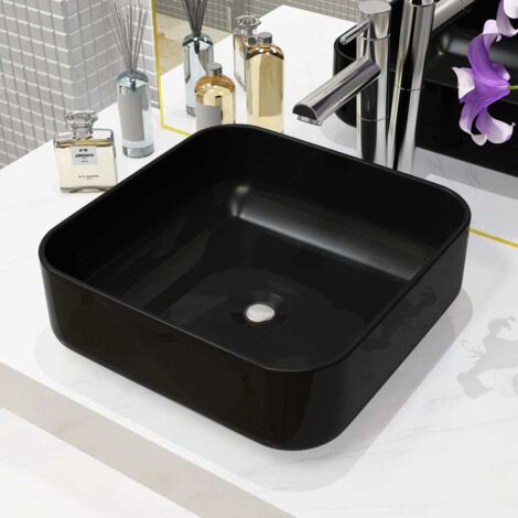 Lavabo de salle de bain, Vasque à poser, Évier de baignade carré Céramique Noir 38 x 38 x 13,5 cm BVM29660 (1/5)