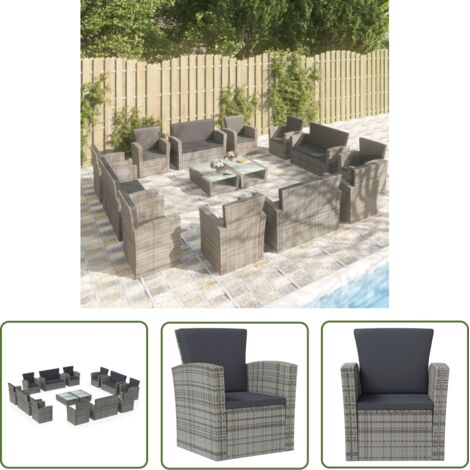 The Living Store Salon de jardin 16 pcs avec coussins Résine tressée Gris - Salon De Jardin - Mobilier De Jardin - Ensemble De Salon - Meubles De Jardin - Résine Tressée (1/5)