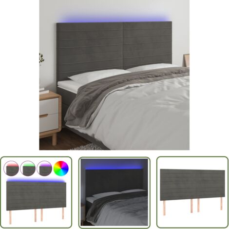 The Living Store Tête de lit à LED Gris foncé 200x5x118/128 cm Velours - Tête De Lit Led - Tête De Lit Velours - Tête De Lit Moderne - Éclairage Led - Support Lombaire (1/5)