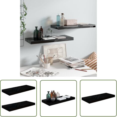 The Living Store Étagère murale flottante 2 pcs Noir brillant 60x23,5x3,8 cm MDF - Étagère Murale - Étagère Flottante - Décoration Murale - Rangement Mural - Meuble Design (1/5)