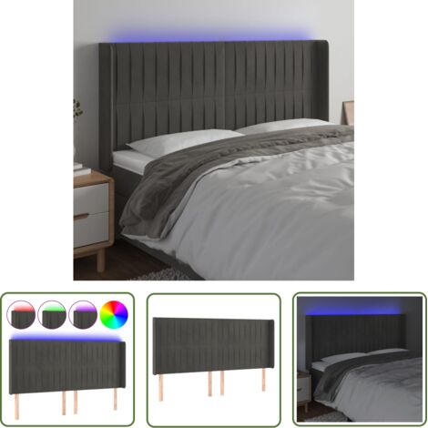 The Living Store Tête de lit à LED Gris foncé 203x16x118/128 cm Velours - Tête De Lit Led - Tête De Lit Velours - Tête De Lit Moderne - Éclairage Led - Têtière De Lit (1/5)