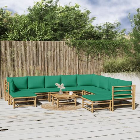 11 pcs Salon de jardin, Ensemble table et chaises de jardin, Meuble de jardin avec coussins vert bambou MKW413621 (1/5)