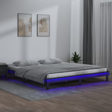 Lit adulte - Cadre de lit pour Adultes, Enfants à LED gris 140x190 cm bois massif -45184 (1/5)