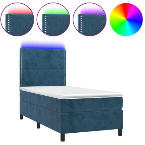 Sommier Tapissier + Matelas + LED,Lit adulte Simple Durable Bleu foncé 90x190cm Velours -85610 (1/5)