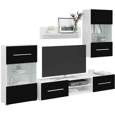 Meuble TV de Salon Armoire Télévision Banc TV mural 5 pièces avec éclairage LED Noir -FR48011 (1/5)