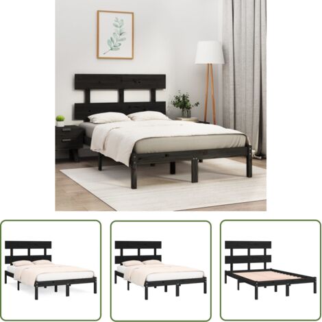 The Living Store Cadre de lit sans matelas noir 140x190 cm bois massif - Cadre De Lit - Lit Double - Bois Massif - Lit Noir - Literie (1/5)