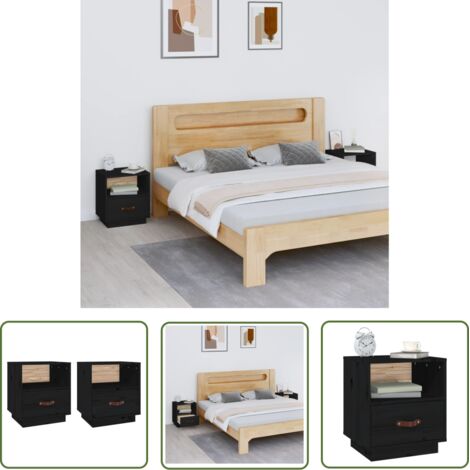 The Living Store Tables de chevet 2 pcs Noir 40x34x45 cm Bois de pin massif - Table De Chevet - Meuble De Chambre - Table Nuit - Bois Massif - Pin (1/5)