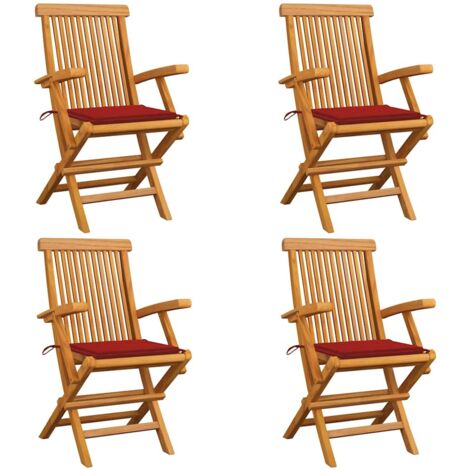 Lot de 4 Chaises/Fauteuils de jardin avec coussins rouge Bois de teck massif -TF87251 (1/5)