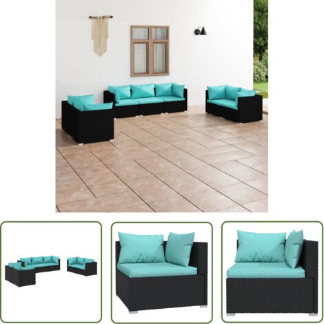 The Living Store Salon de jardin 7 pcs avec coussins Résine tressée Noir - Salon De Jardin - Ensemble De Salon - Meuble De Jardin - Mobilier Extérieur - Canapé D'angle (1/5)