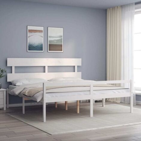 Lit adulte avec tête de lit - Cadre de lit - Lit simple blanc Super King bois massif -68143 (1/5)