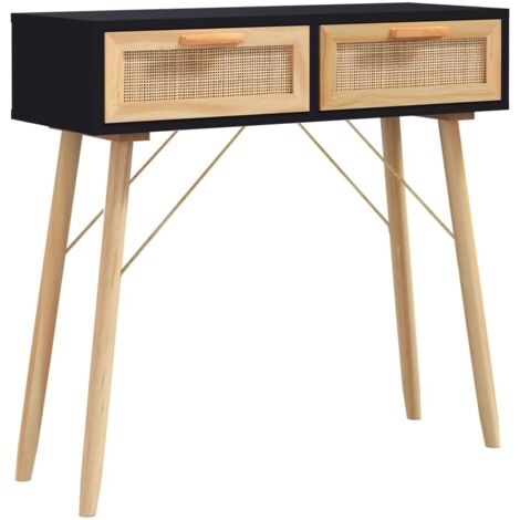 Table console Table d'appoint design industriel - Noir 80x30x75 cm Bois massif pin /rotin naturel BV67362 (1/5)