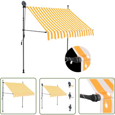The Living Store Auvent manuel rétractable avec LED 150 cm Blanc et orange - Auvent Retractable - Stores Exterieurs - Parasol - Abri Jardin - Protection Soleil (1/5)