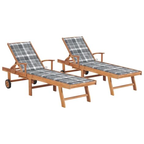 Chaises longues 2 pcs,Transat relax,Fauteuil de jardin Moderne avec coussin carreaux gris Teck solide GF34560 (1/5)