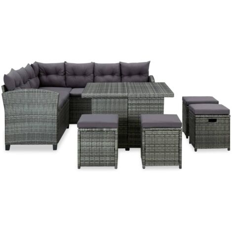 Salon de jardin 6 pcs avec coussins Résine tressée Gris (1/5)