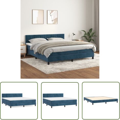 The Living Store Sommier à lattes de lit et matelas Bleu foncé 180x200cm Velours - Lit Tapissier - Lit Velours - Lit Double - Literie - Chambre À Coucher (1/5)