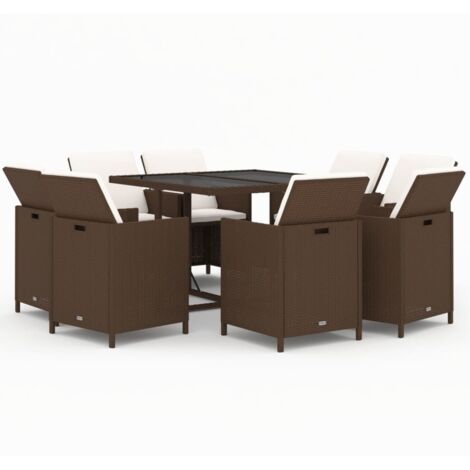 Ensemble Table et Chaise de Jardin  Salon de jardin et coussins 9 pcs Poly rotin Marron 69786 (1/5)