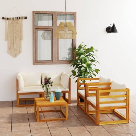 Salon de jardin 5 pcs,Mobilier de terrasse,Table et Chaise pour Relax avec coussin Crème Bois d'acacia solide -YZ362775 (1/5)