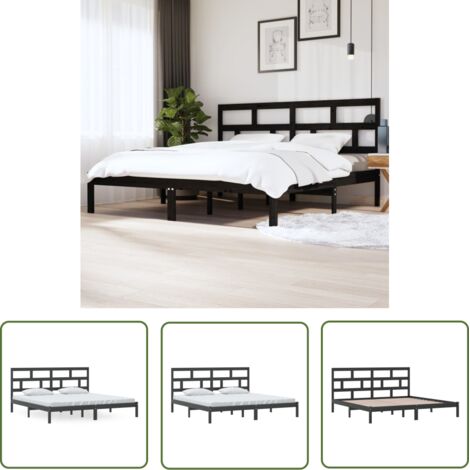 The Living Store Cadre de lit sans matelas Noir Bois de pin massif 200x200 cm - Cadre De Lit - Lit Double - Bois Massif - Lit Design - Literie (1/5)