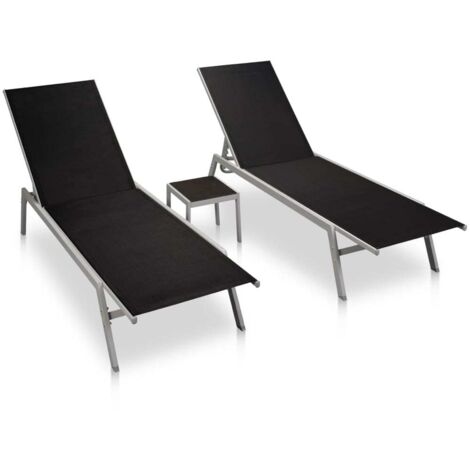 Chaises longues 2 pcs,Transat relax,Fauteuil de jardin Moderne avec table Acier et textilène Noir GF95177 (1/5)